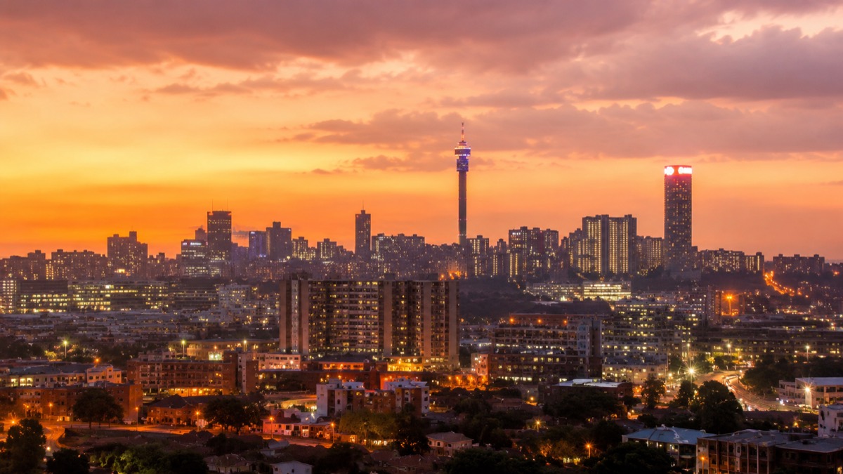 Warm sunset skyline over Johannesburg.