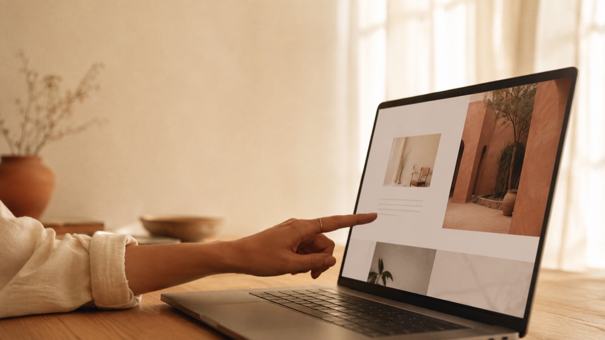 A person pointing at a laptop during a website design review.
