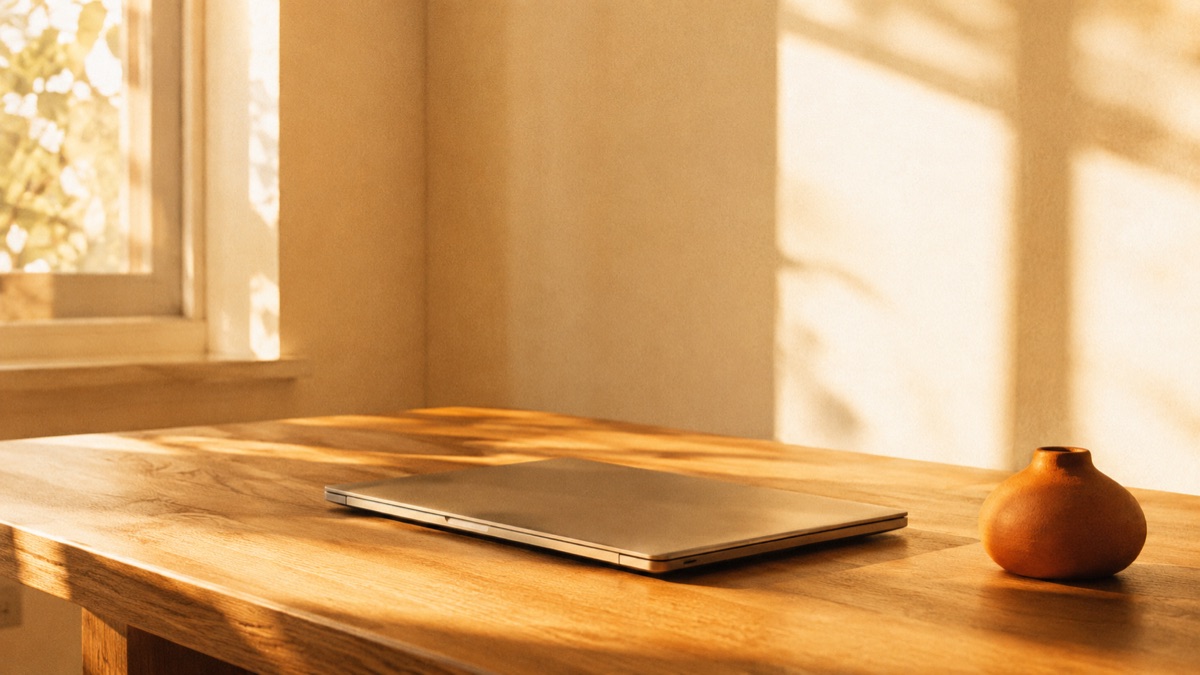 A closed laptop on a sunlit desk.