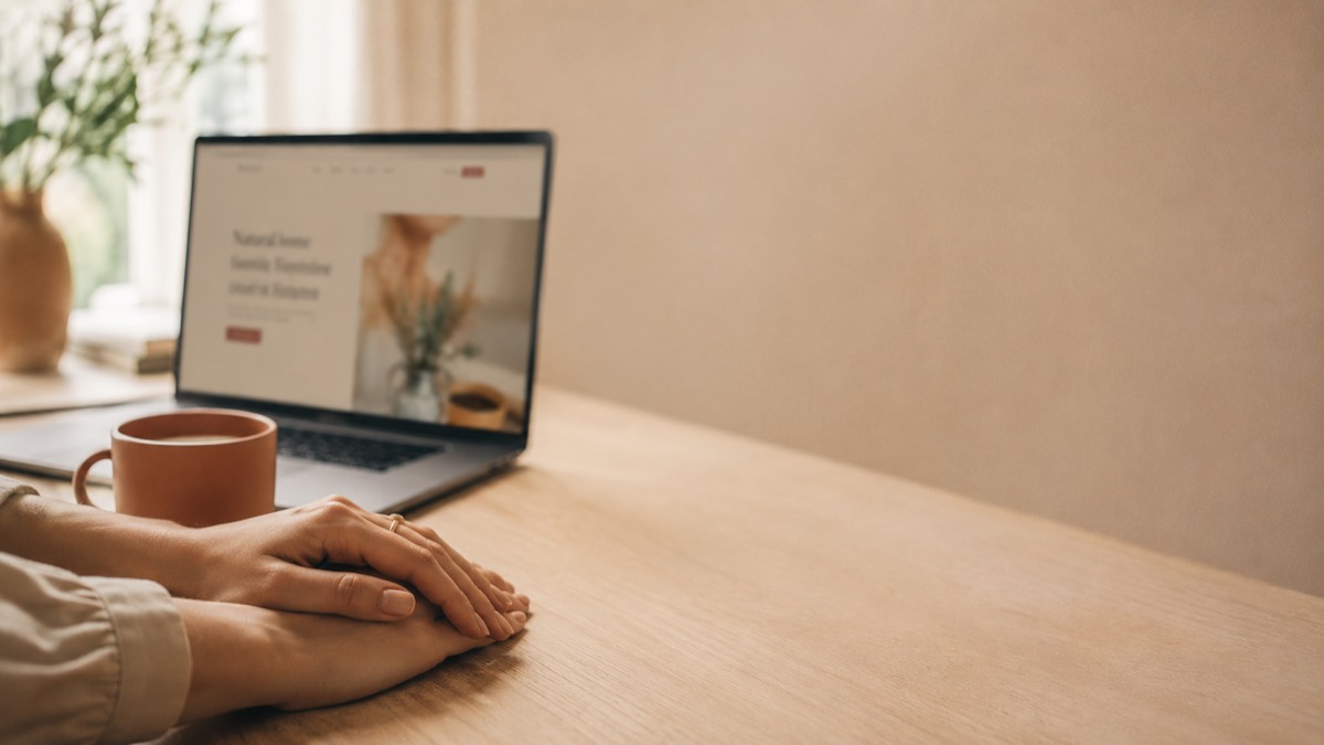 Warm desk scene with hands beside a laptop.