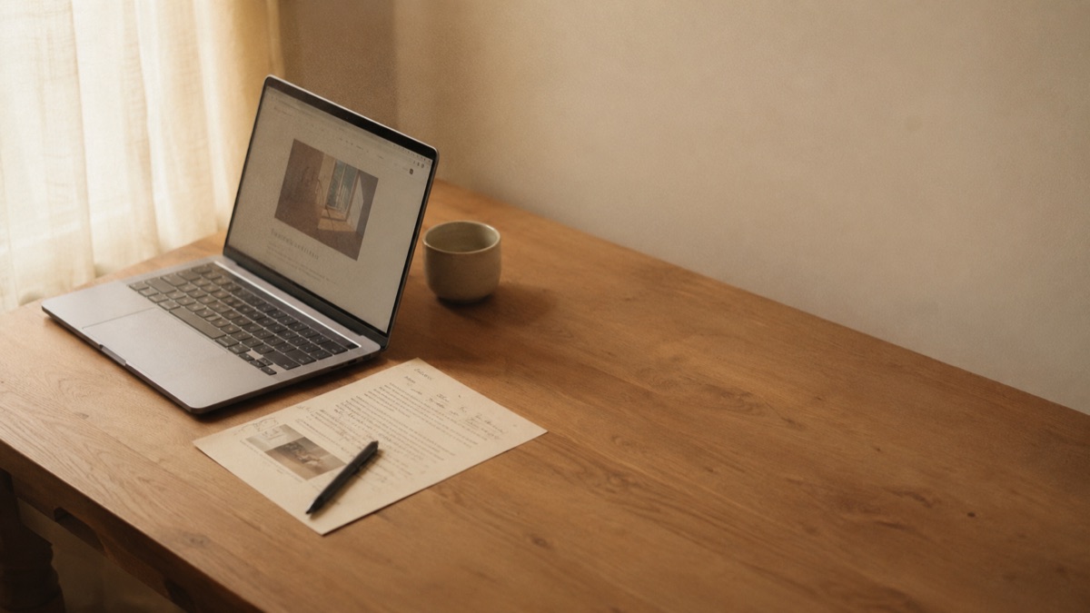 A laptop, website notes and a pen on a wooden desk.