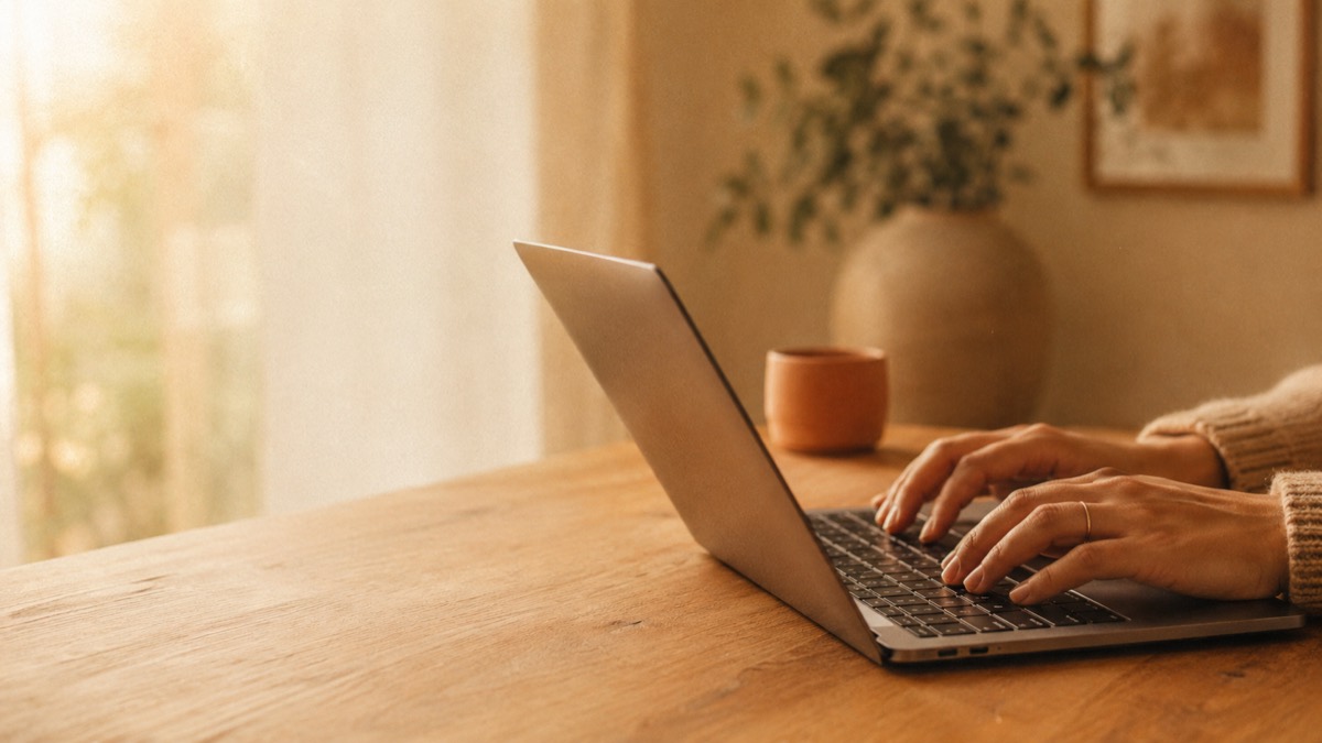 Hands typing on a laptop in warm afternoon light.