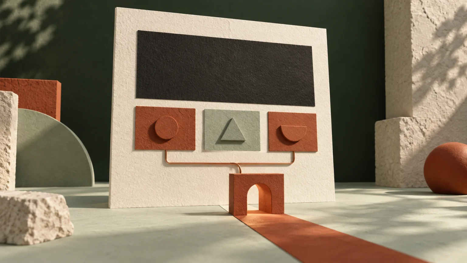 A tactile paper model of a service page, with three sections leading to a terracotta doorway.