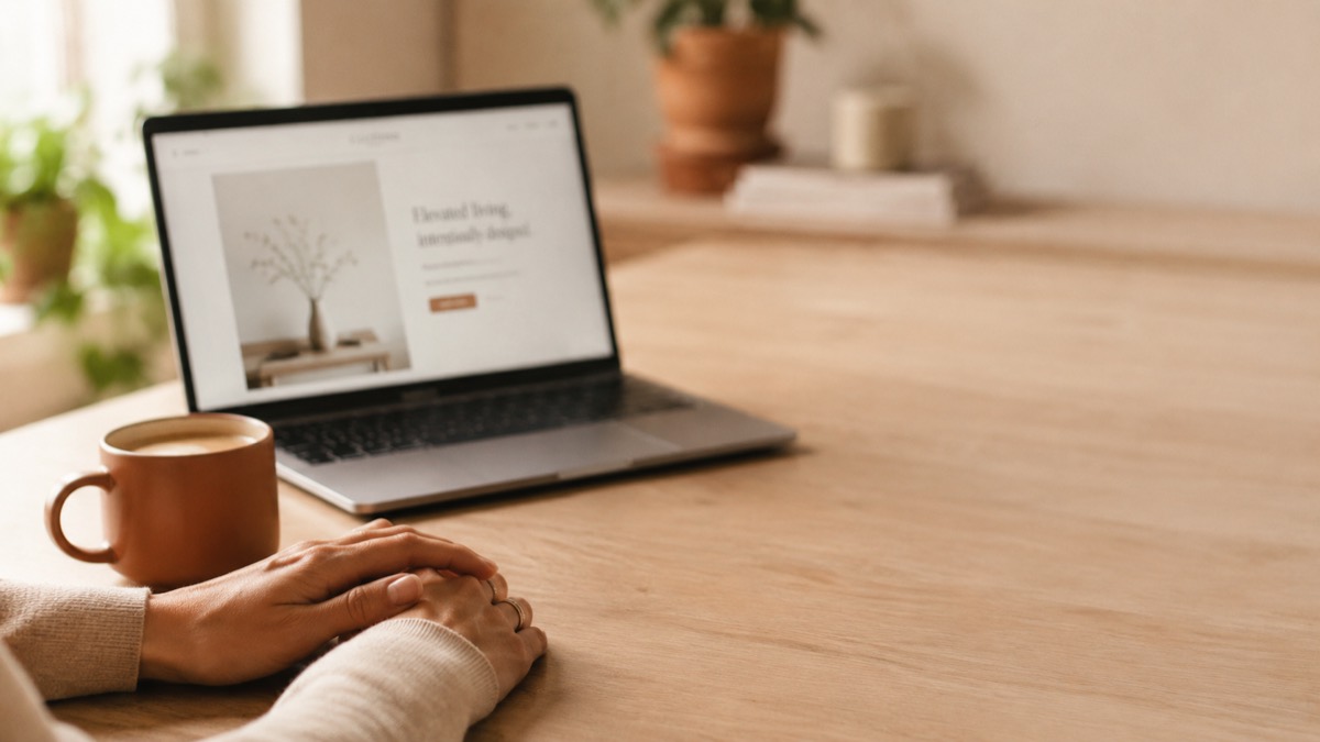 Hands resting on a warm wooden desk beside a laptop and terracotta mug.