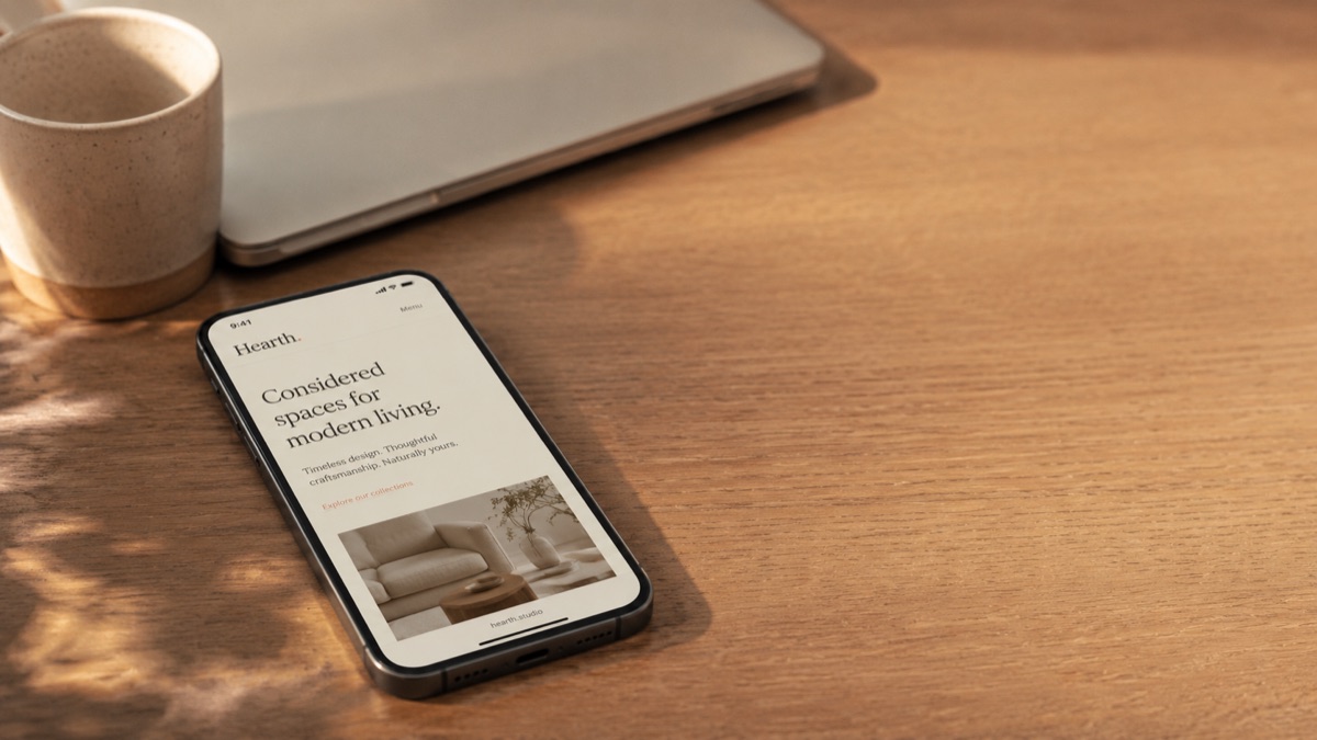 A phone displaying a website on a warm wooden desk.