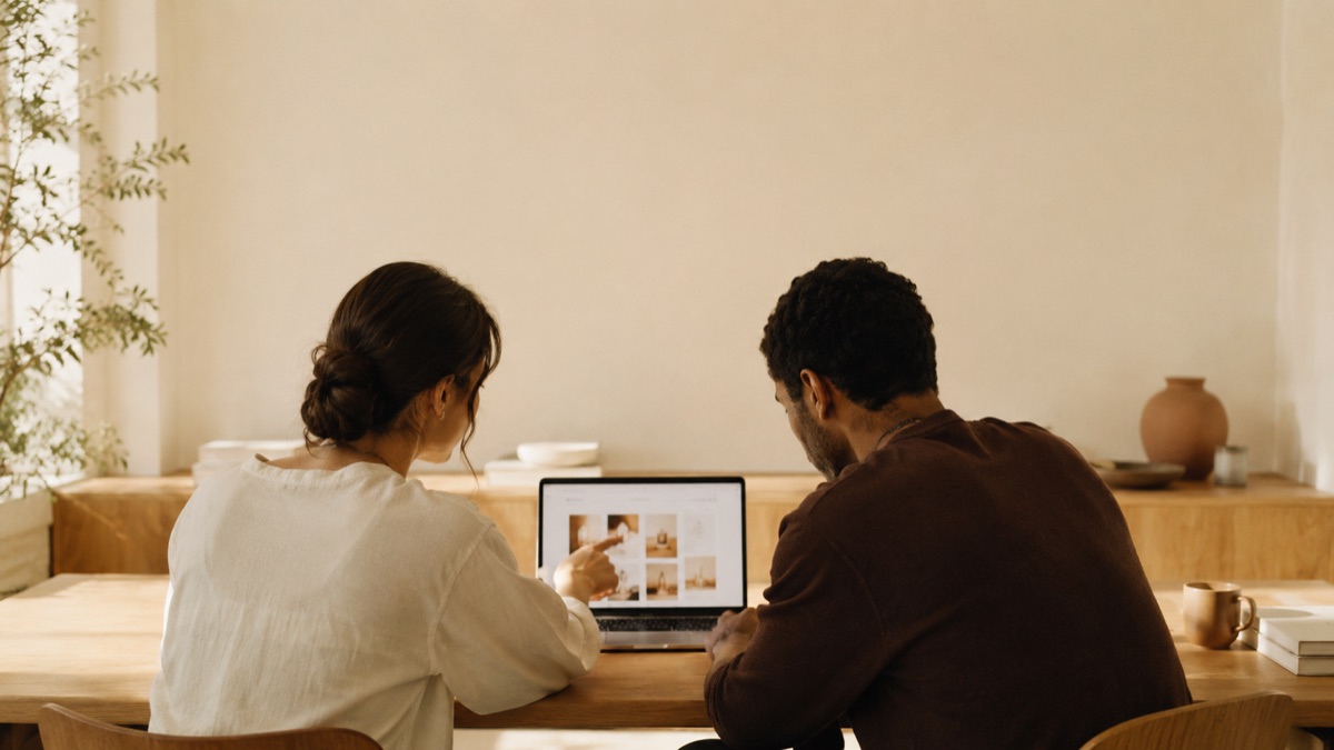 Two people reviewing a website together on a laptop.